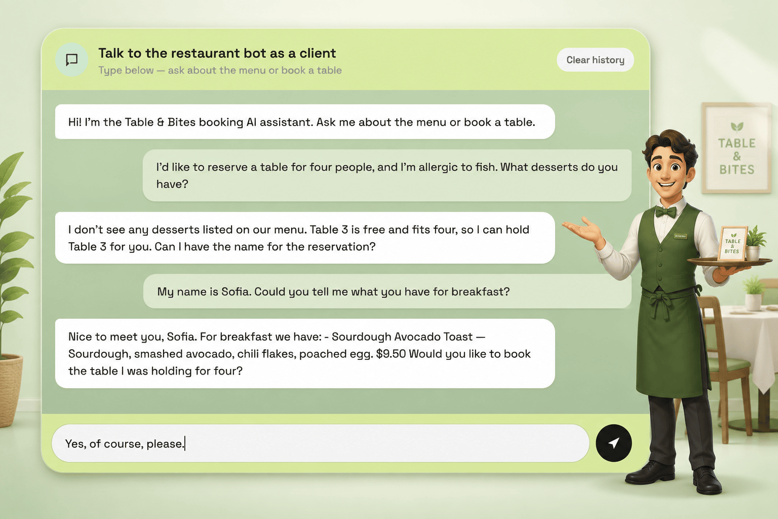 AI booking assistant reserving a table and answering menu questions for a restaurant