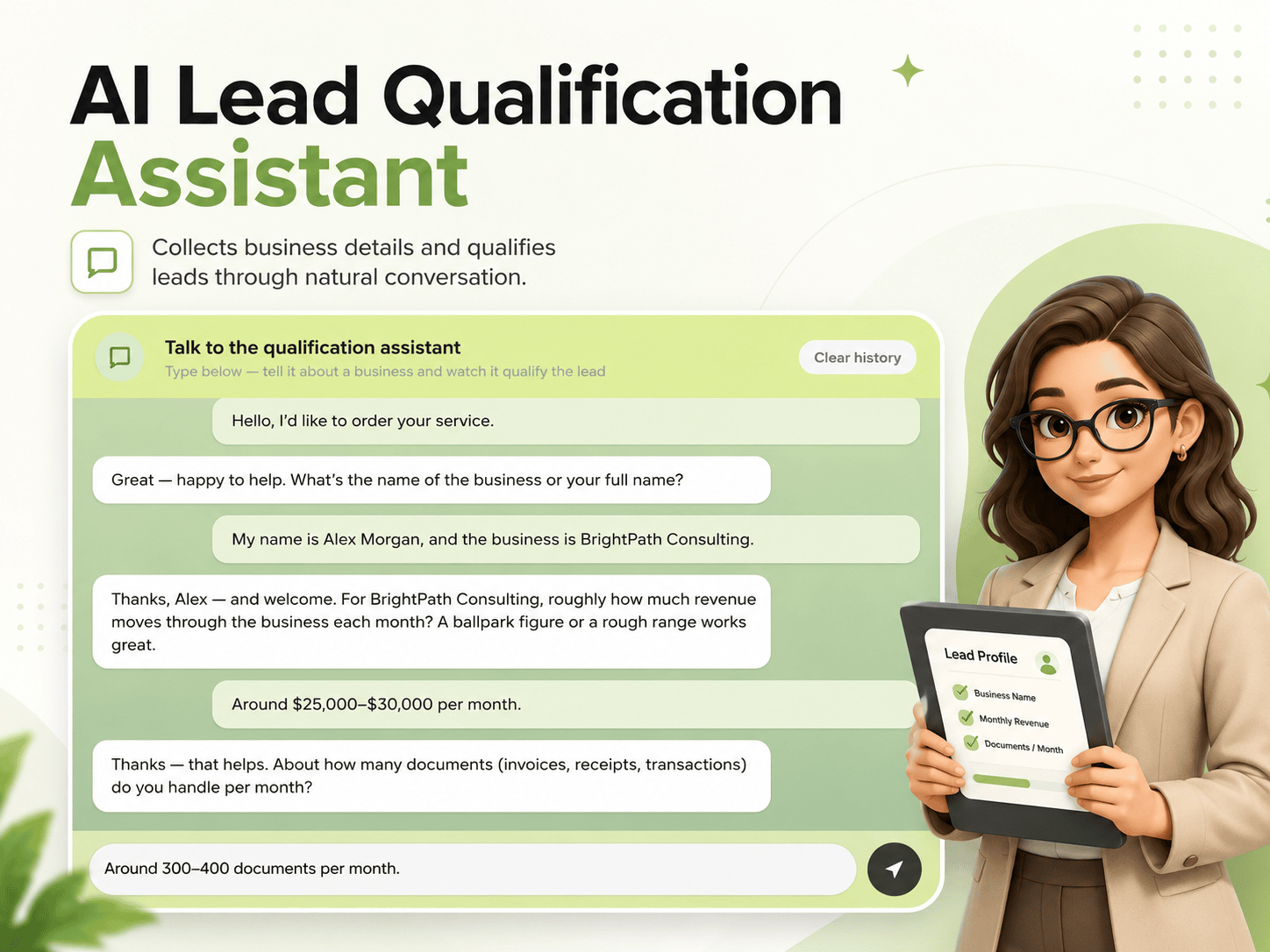 AI lead qualification assistant collecting business details through natural conversation