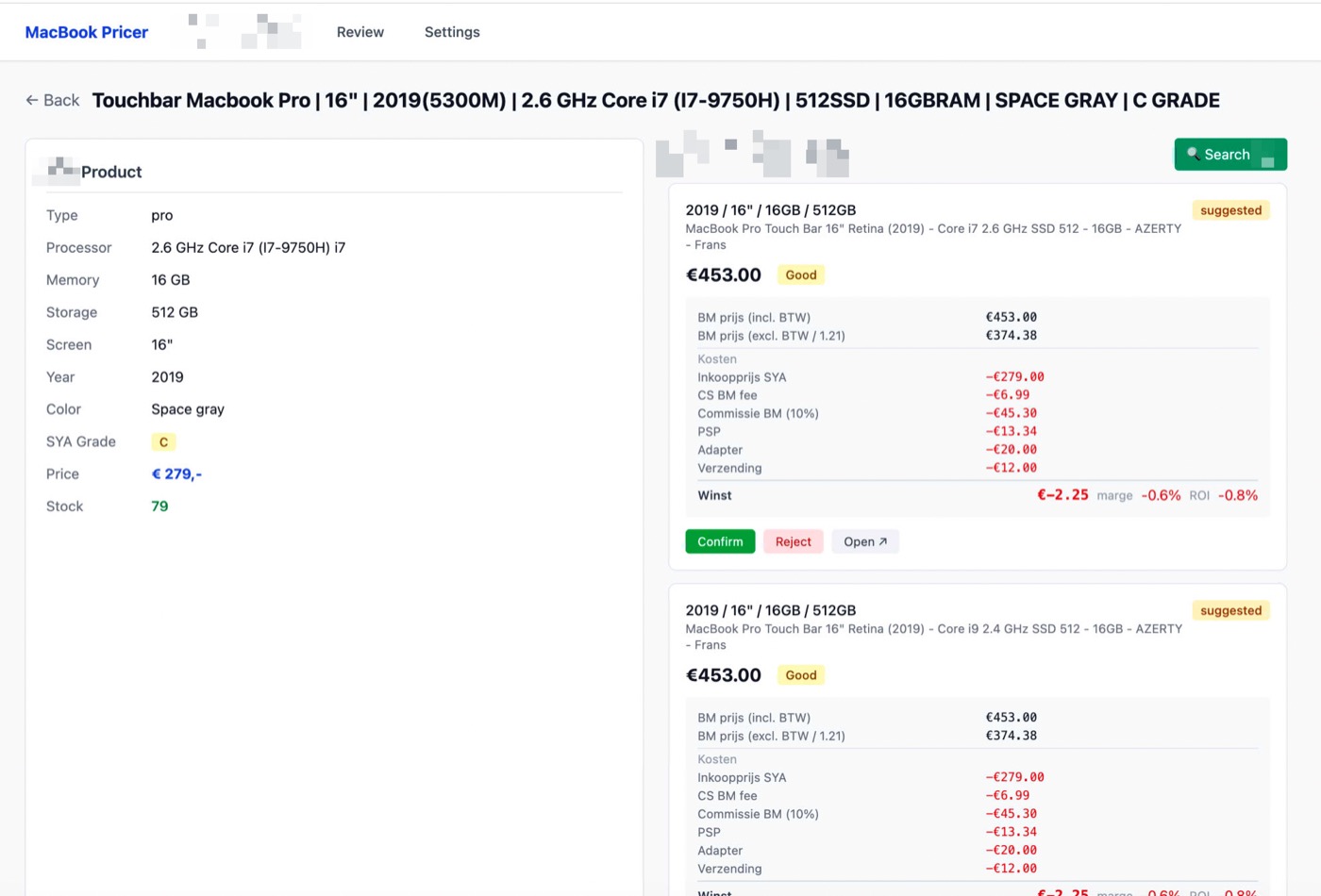 Match review screen comparing a MacBook offer against purchase price, fees, and margin