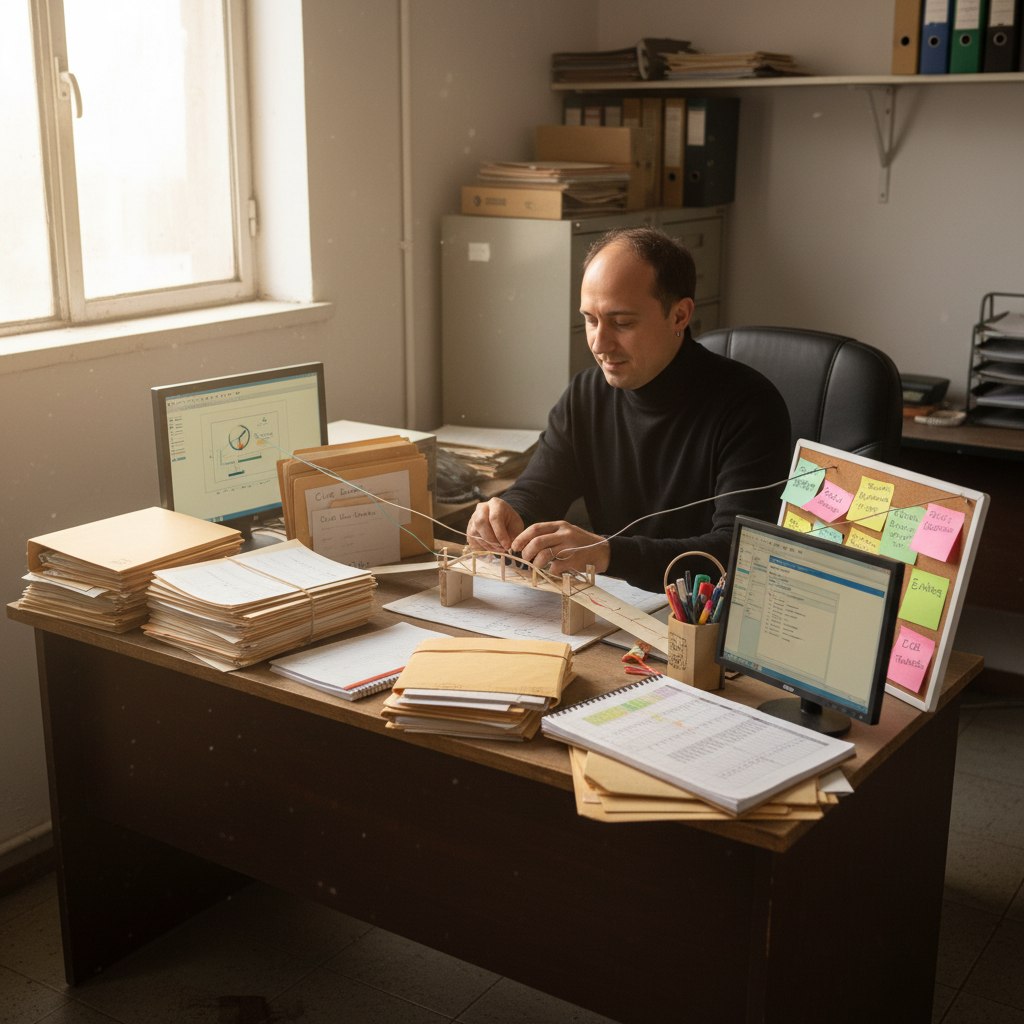 A small office with paper folders next to a laptop showing an automation workflow