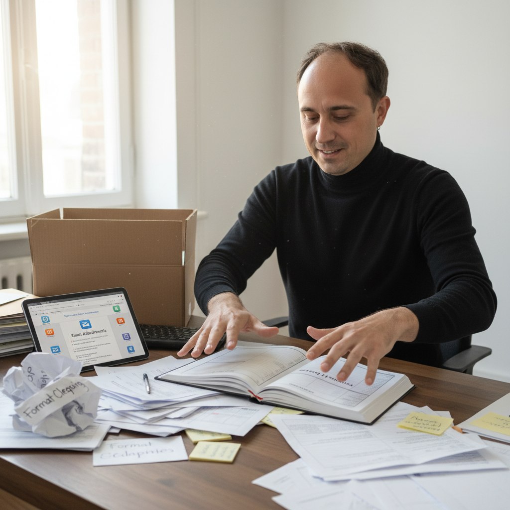 An accountant's desk with files and automation tools side by side