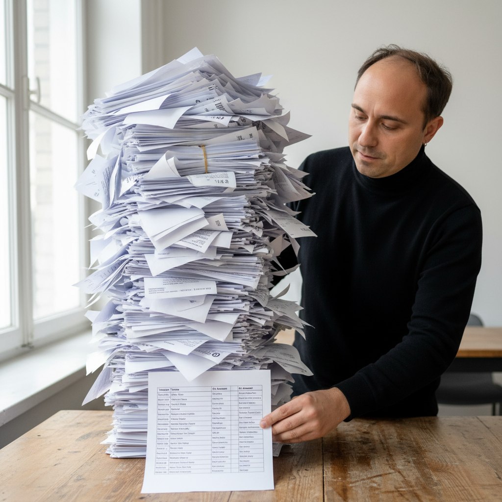 A stack of vendor invoices next to an n8n workflow on screen