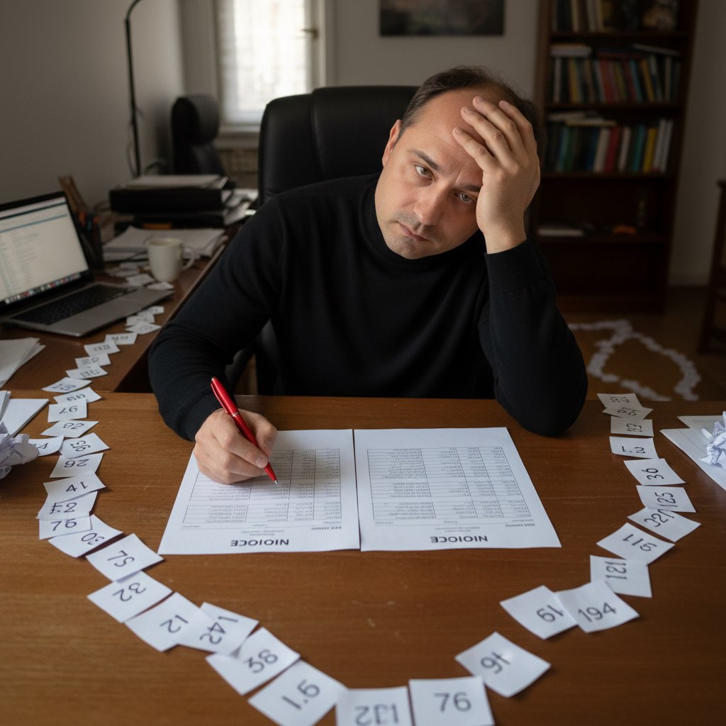 A person staring at a screen with duplicate invoice entries highlighted