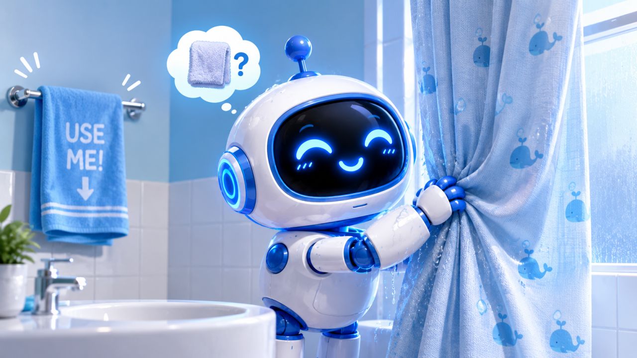 A small robot pauses at a curtain, thinking about a towel hanging nearby