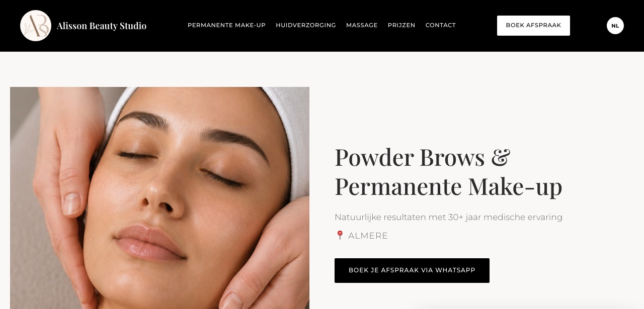 Homepage of Alisson Beauty Studio, a beauty salon website in Almere