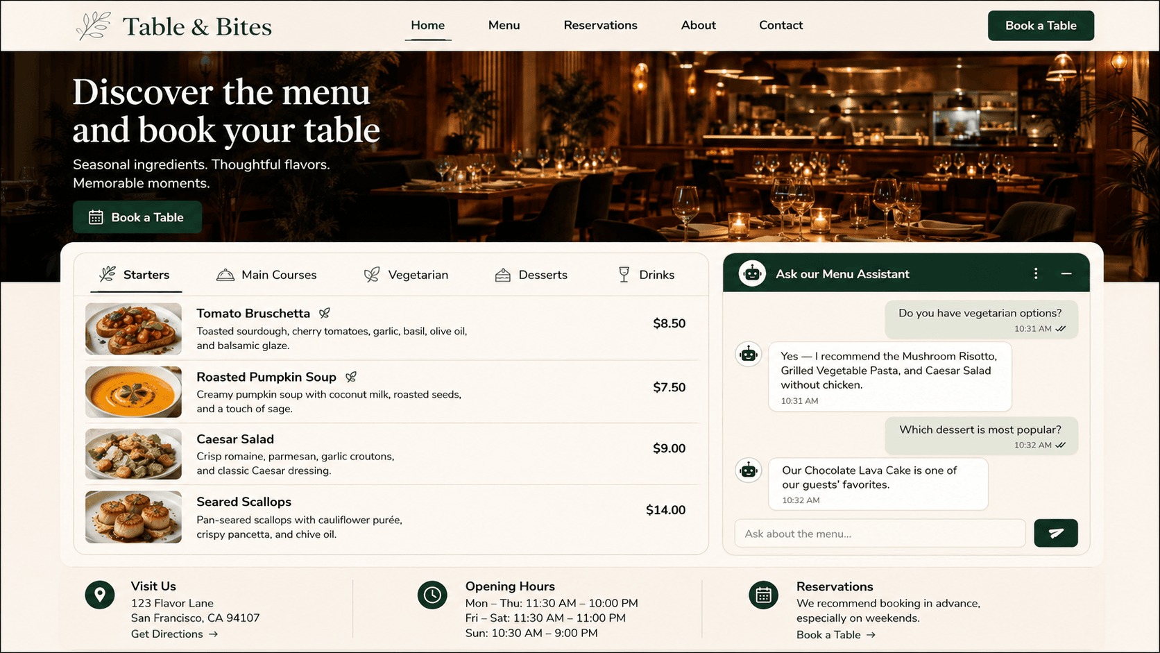 Homepage mockup for the Table & Bites website